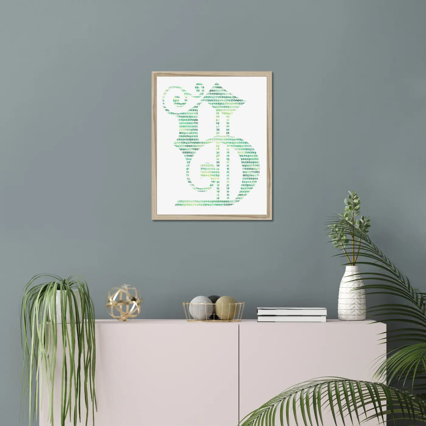 S in a natural oak frame, illustrative room setting