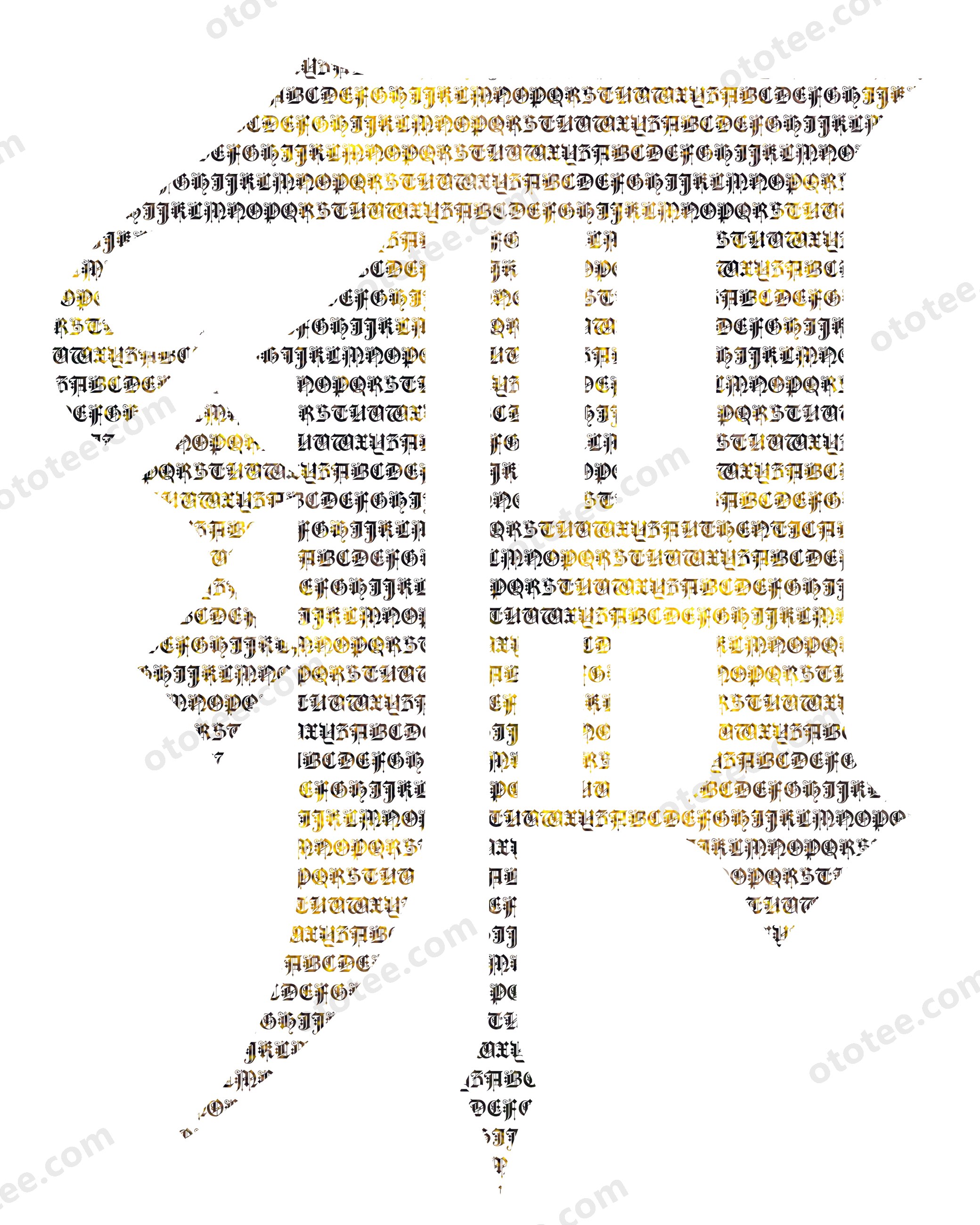 A close-up of the miniature alphabet letters that form A